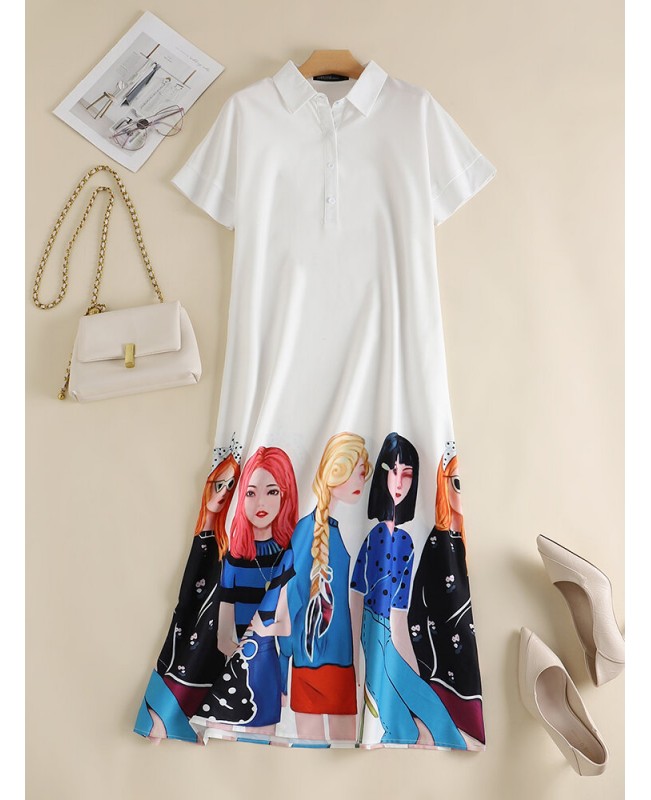Cartoon Girls Graphic Pocket Button Front Short Sleeve Dress - White S