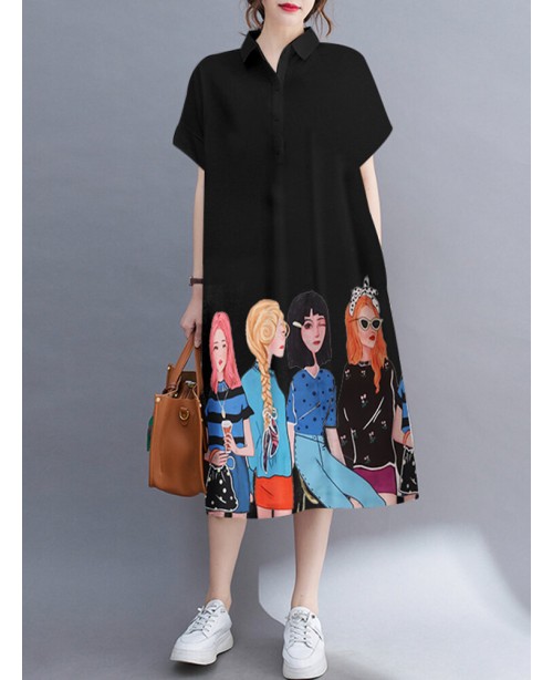 Cartoon Girls Graphic Pocket Button Front Short Sl...