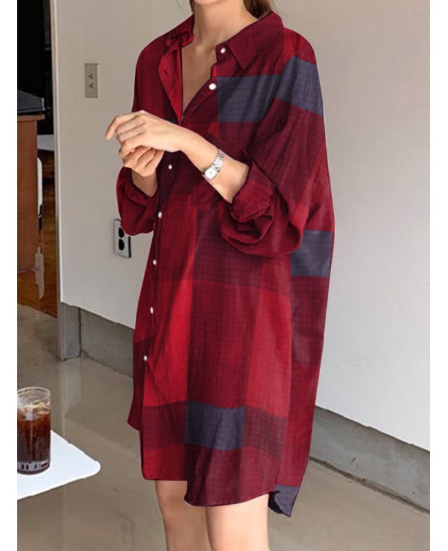Plaid Button Pocket Long Sleeve Lapel Casual Shirt Dress - Yellow S