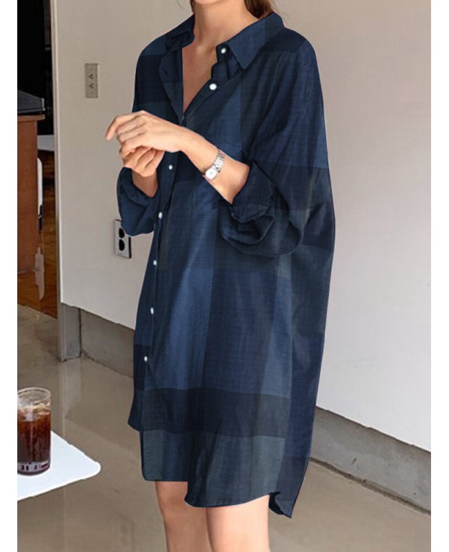 Plaid Button Pocket Long Sleeve Lapel Casual Shirt Dress - Yellow S