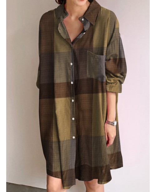 Plaid Button Pocket Long Sleeve Lapel Casual Shirt...