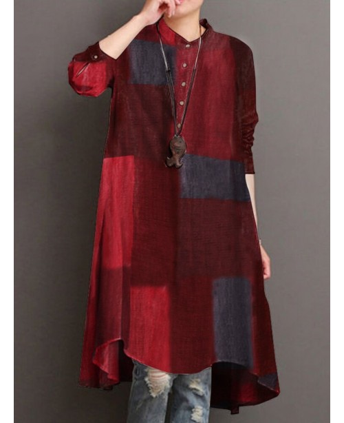 Women Plaid Turn-down Collar Long Sleeve High Low ...