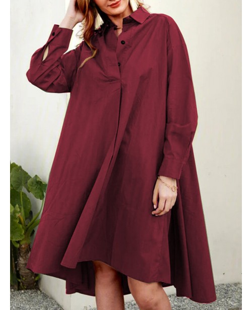 Casual A-Line Solid Color Pleated Long Sleeve Irre...