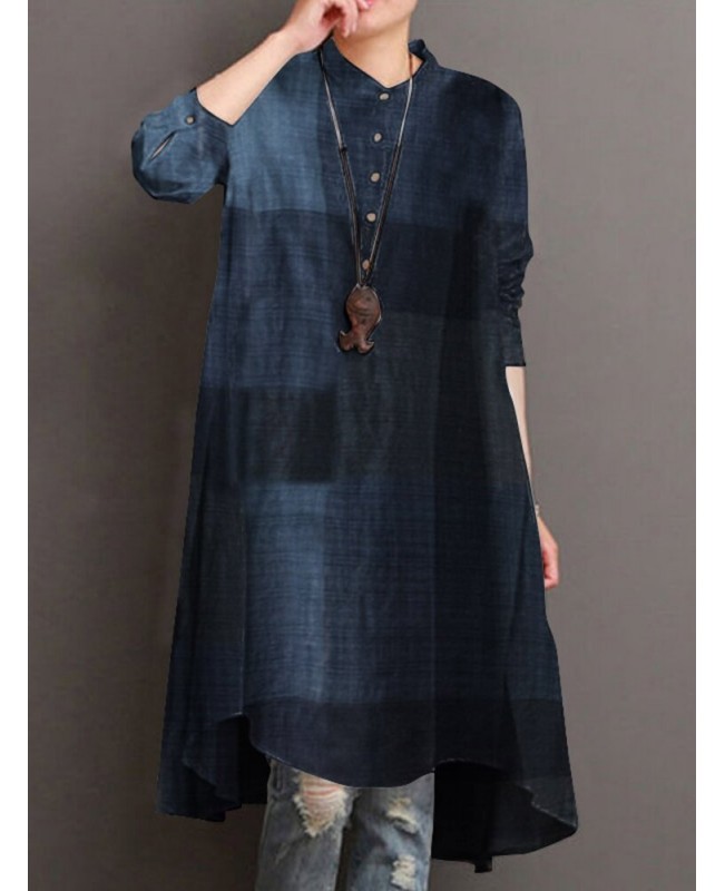 Women Plaid Turn-down Collar Long Sleeve High Low Hem Shirt Dress - Yellow S