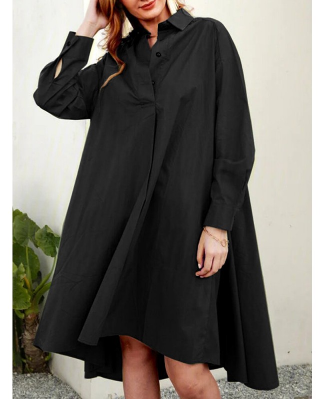 Casual A-Line Solid Color Pleated Long Sleeve Irregular Shirt Dress - Black S