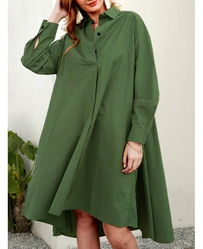 Casual A-Line Solid Color Pleated Long Sleeve Irregular Shirt Dress - Black S