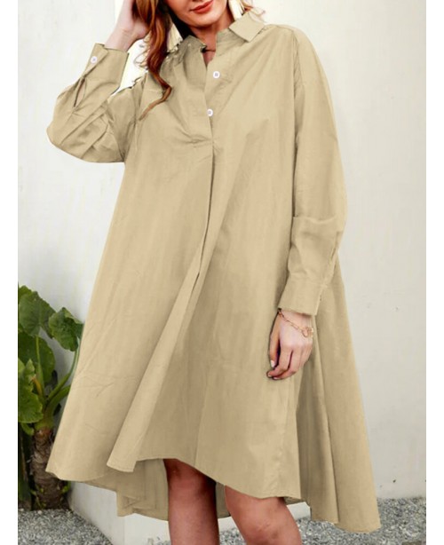 Casual A-Line Solid Color Pleated Long Sleeve Irre...
