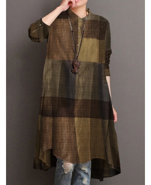 Women Plaid Turn-down Collar Long Sleeve High Low ...