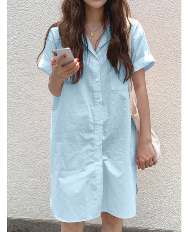 Solid Casual Lapel Short Sleeve Button Shirt Dress With Pocket - Black S