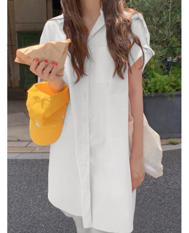 Solid Casual Lapel Short Sleeve Button Shirt Dress With Pocket - Black S