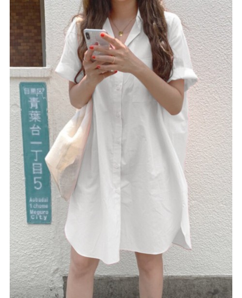 Solid Casual Lapel Short Sleeve Button Shirt Dress...