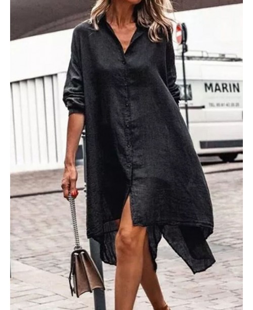 Women Solid Color Lapel Lack Slit Loose Shirt Dres...