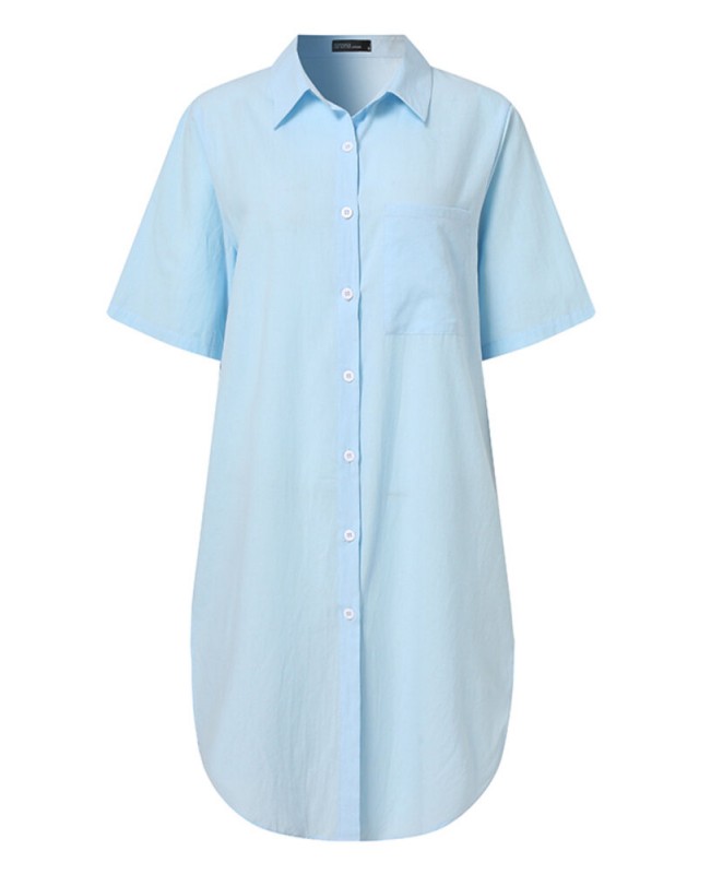 Solid Casual Lapel Short Sleeve Button Shirt Dress With Pocket - Black S