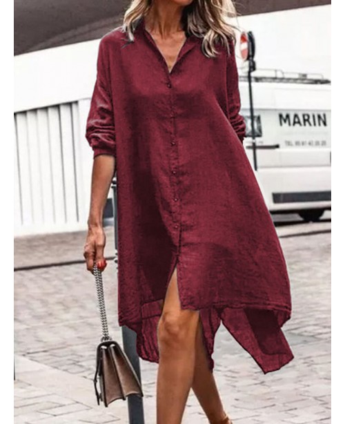 Women Solid Color Lapel Lack Slit Loose Shirt Dres...