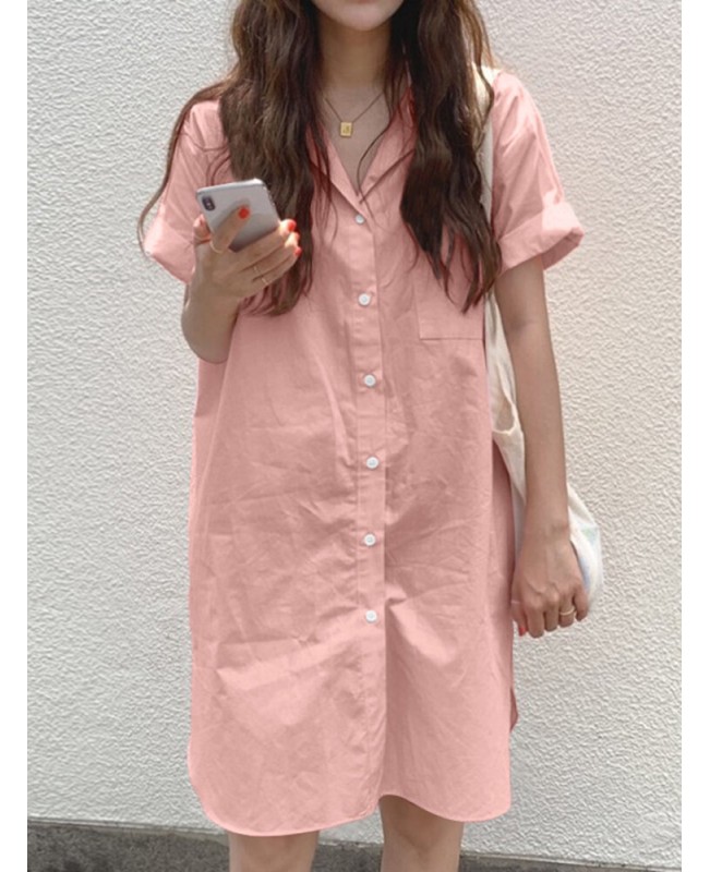 Solid Casual Lapel Short Sleeve Button Shirt Dress With Pocket - Black S