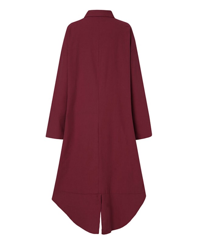 Women Solid Color Lapel Lack Slit Loose Shirt Dress - Black S