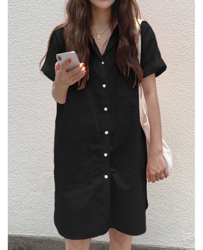 Solid Casual Lapel Short Sleeve Button Shirt Dress With Pocket - Black S