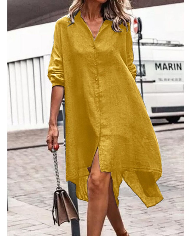 Women Solid Color Lapel Lack Slit Loose Shirt Dress - Black S
