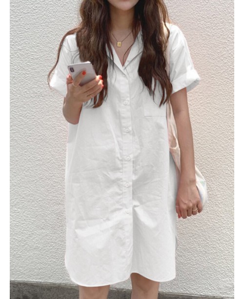 Solid Casual Lapel Short Sleeve Button Shirt Dress...