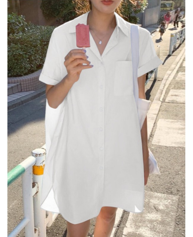 Solid Casual Lapel Short Sleeve Button Shirt Dress With Pocket - Black S
