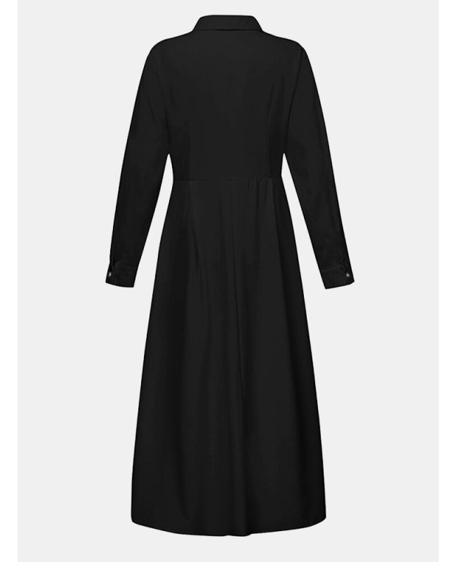 Women Basic Button Down Front Lapel Solid Color Long Sleeve Shirt Dress - Black S