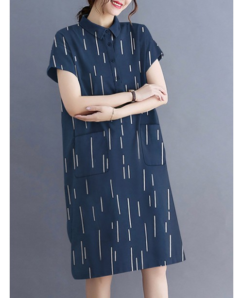 Striped Button Pocket Lapel Short Sleeve Casual Sh...
