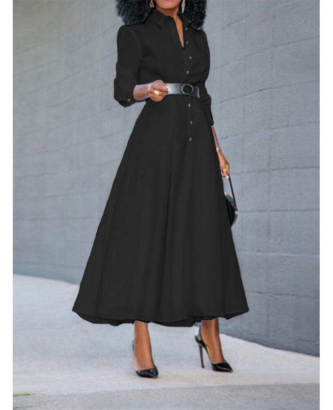 Women Basic Button Down Front Lapel Solid Color Long Sleeve Shirt Dress - Black S
