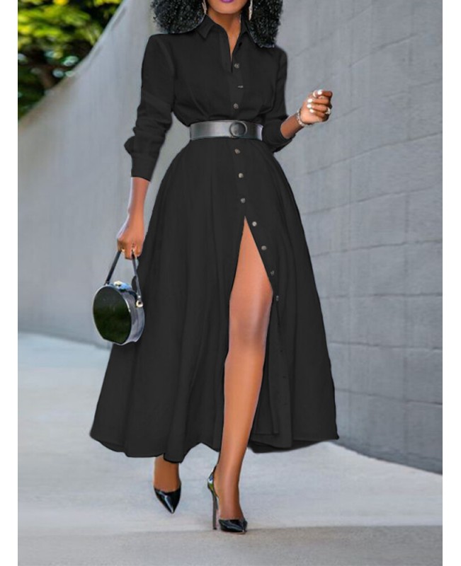 Women Basic Button Down Front Lapel Solid Color Long Sleeve Shirt Dress - Black S