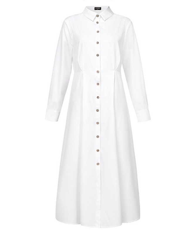 Women Basic Button Down Front Lapel Solid Color Long Sleeve Shirt Dress - Black S