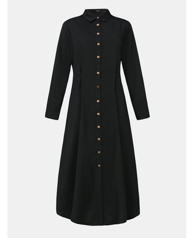 Women Basic Button Down Front Lapel Solid Color Long Sleeve Shirt Dress - Black S