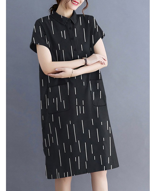 Striped Button Pocket Lapel Short Sleeve Casual Shirt Dress - Black S