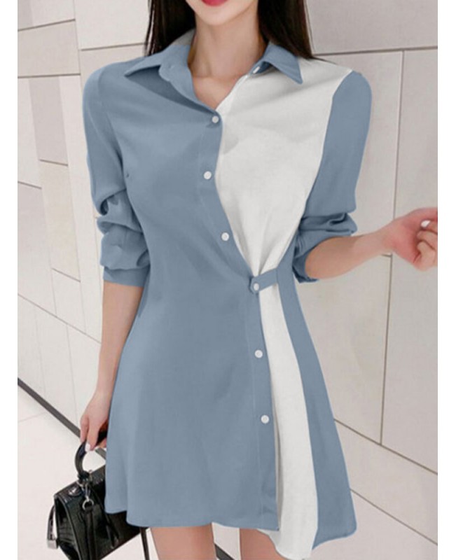 Contrast Color Irregular Button Lapel 3/4 Sleeve Shirt Dress - Black S