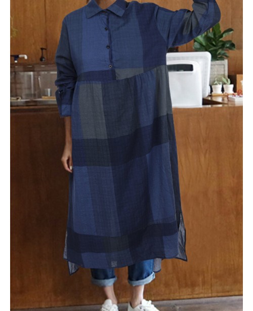 Plaid Print Turn-down Collar Long Sleeve Irregular...