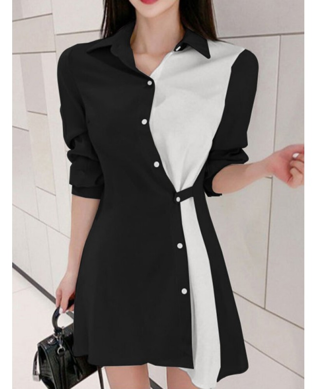 Contrast Color Irregular Button Lapel 3/4 Sleeve Shirt Dress - Black S