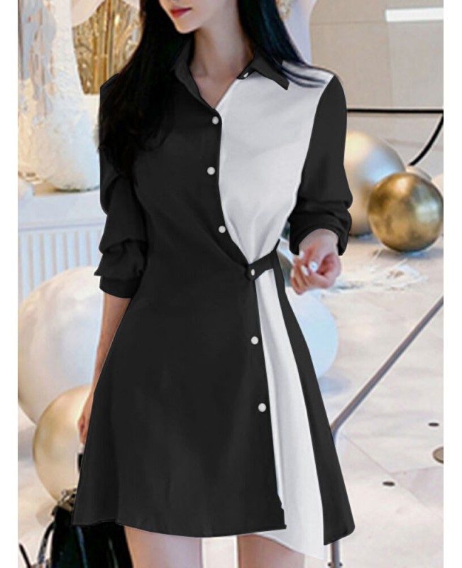 Contrast Color Irregular Button Lapel 3/4 Sleeve Shirt Dress - Black S