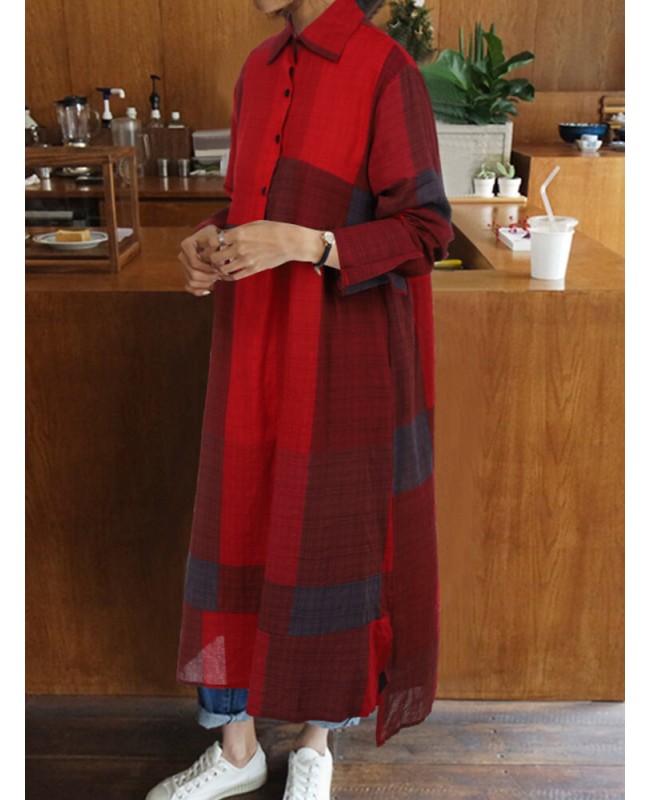 Plaid Print Turn-down Collar Long Sleeve Irregular Hem Button Shirt Dress For Women - Wine Red S