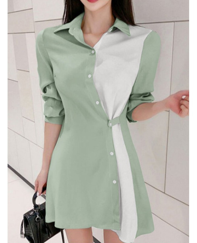 Contrast Color Irregular Button Lapel 3/4 Sleeve Shirt Dress - Black S