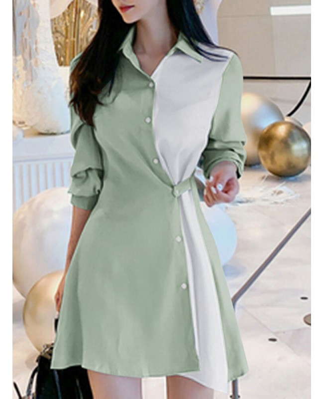 Contrast Color Irregular Button Lapel 3/4 Sleeve Shirt Dress - Black S