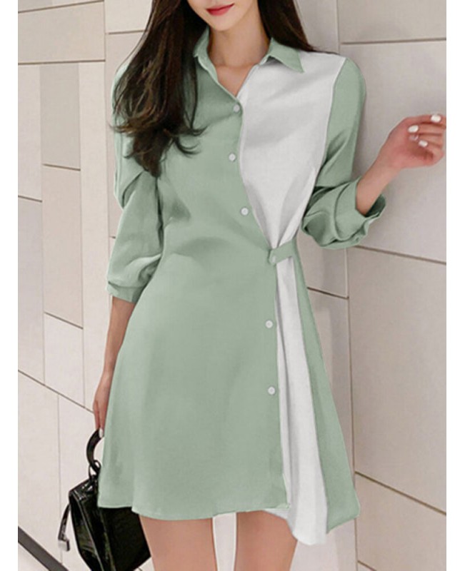 Contrast Color Irregular Button Lapel 3/4 Sleeve Shirt Dress - Black S