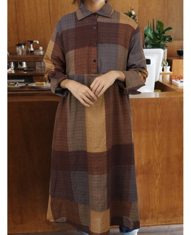 Plaid Print Turn-down Collar Long Sleeve Irregular Hem Button Shirt Dress For Women - Wine Red S