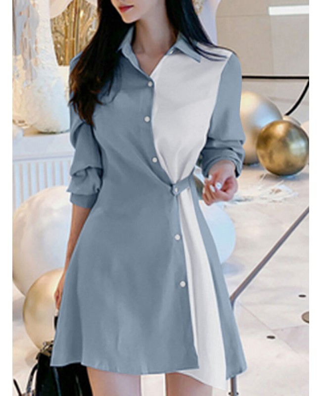 Contrast Color Irregular Button Lapel 3/4 Sleeve Shirt Dress - Black S