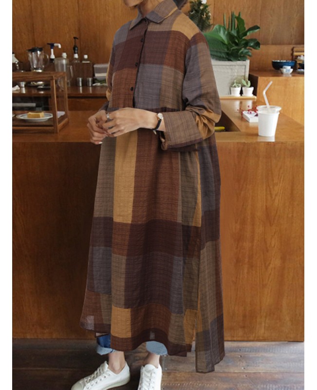 Plaid Print Turn-down Collar Long Sleeve Irregular Hem Button Shirt Dress For Women - Wine Red S