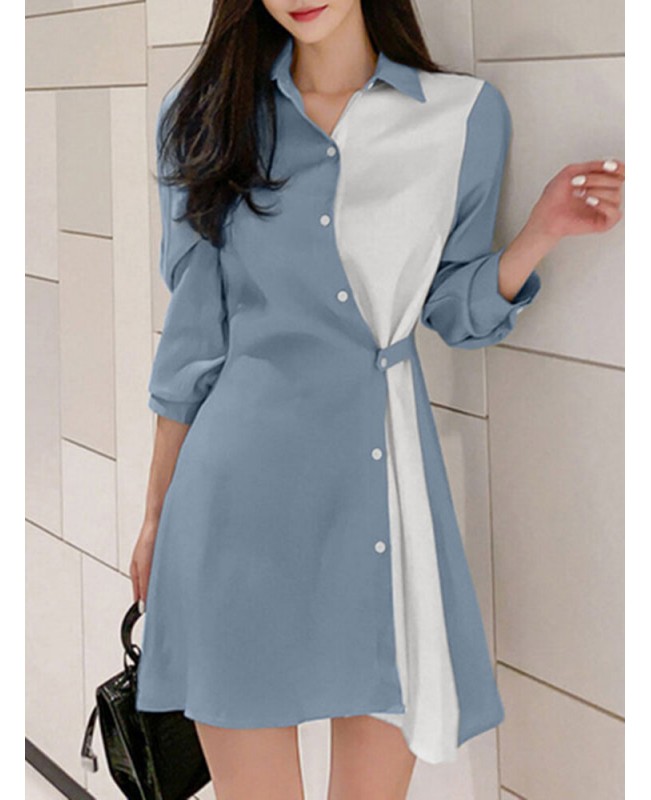 Contrast Color Irregular Button Lapel 3/4 Sleeve Shirt Dress - Black S