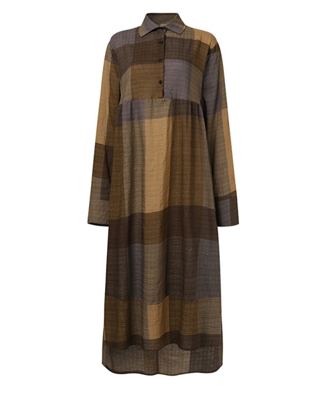 Plaid Print Turn-down Collar Long Sleeve Irregular Hem Button Shirt Dress For Women - Wine Red S