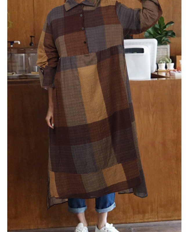 Plaid Print Turn-down Collar Long Sleeve Irregular Hem Button Shirt Dress For Women - Wine Red S