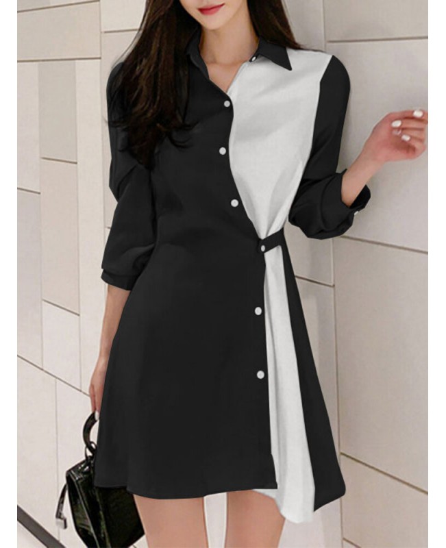 Contrast Color Irregular Button Lapel 3/4 Sleeve Shirt Dress - Black S