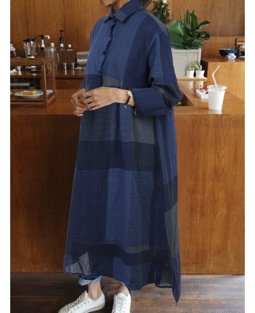 Plaid Print Turn-down Collar Long Sleeve Irregular...