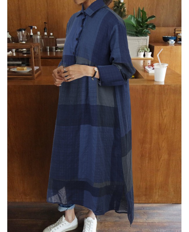 Plaid Print Turn-down Collar Long Sleeve Irregular Hem Button Shirt Dress For Women - Wine Red S