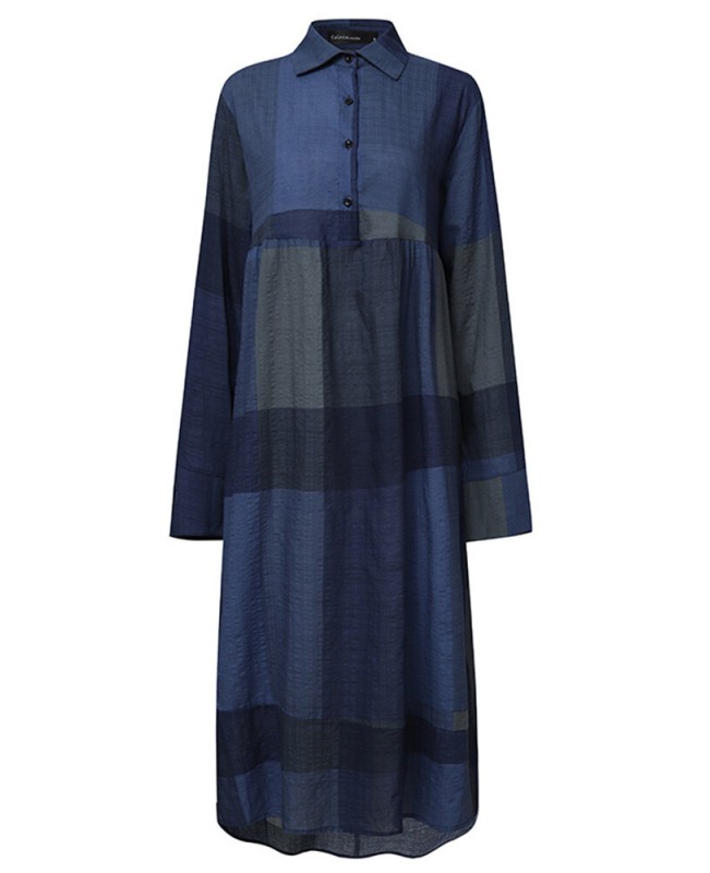 Plaid Print Turn-down Collar Long Sleeve Irregular Hem Button Shirt Dress For Women - Wine Red S