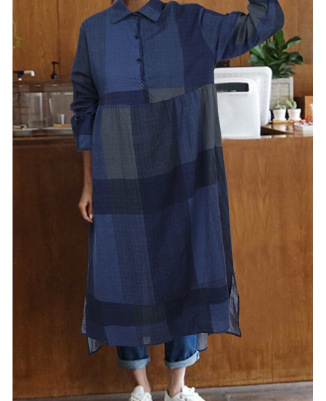 Plaid Print Turn-down Collar Long Sleeve Irregular Hem Button Shirt Dress For Women - Wine Red S